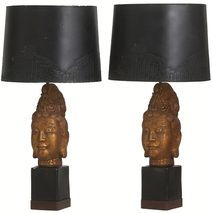 Appraisal: James Mont Buddha table lamps pair USA gold painted plaster