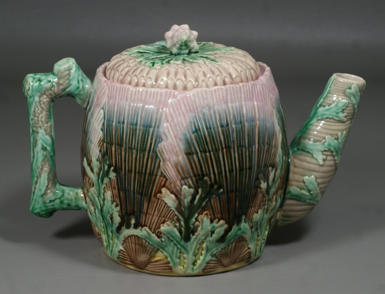 Appraisal: Shell and Seaweed Etruscan majolica teapot straight spout tall excellent