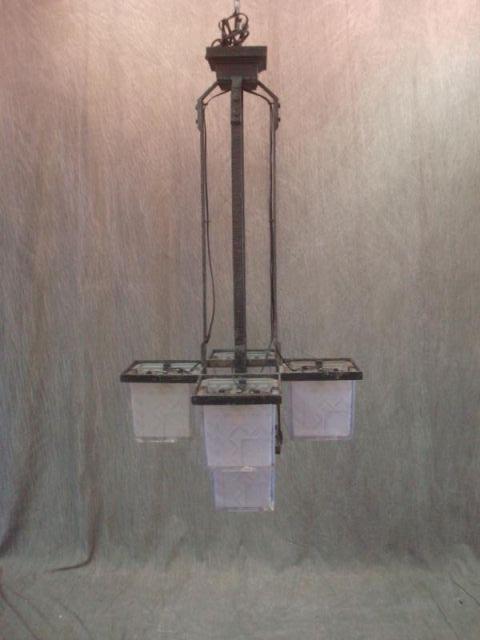 Appraisal: French Art Deco Metal Glass Chandelier As is-chips to glass