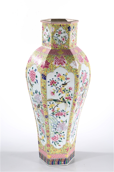 Appraisal: Tall Chinese enameled porcelain hexagonal vase famille rose with flowers