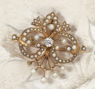 Appraisal: ANTIQUE DIAMOND AND SEED PEARL BROOCH k yellow gold brooch