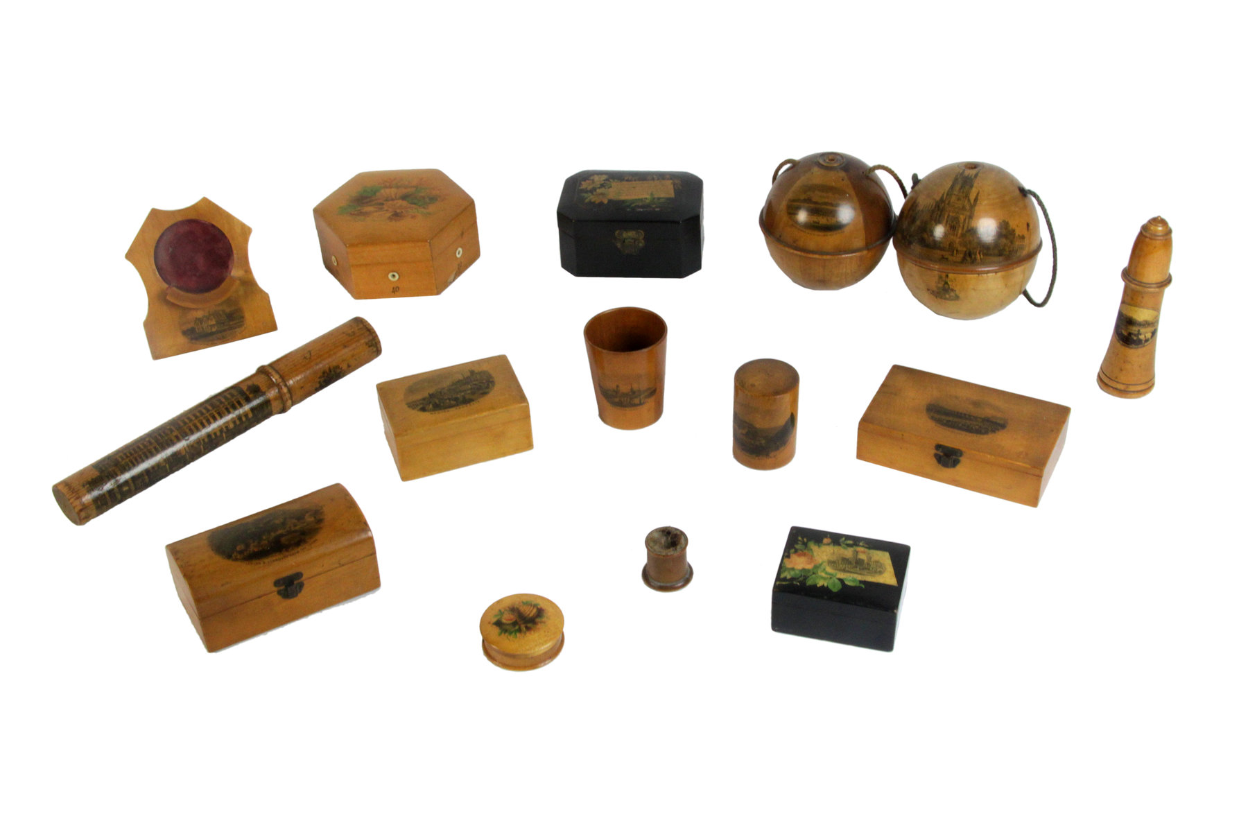 Appraisal: A collection of Mauchline-type boxes needle cases watch holders and