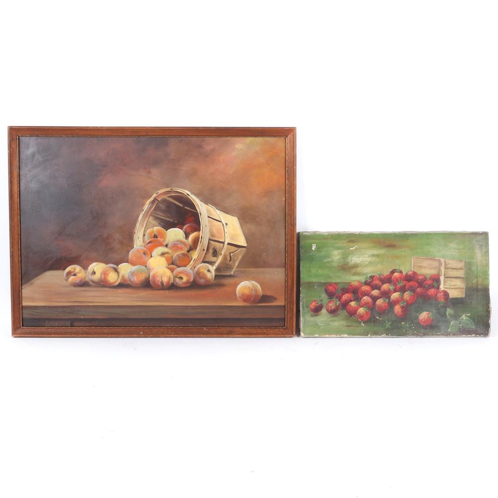 Appraisal: TWO VINTAGE STILL LIFE FRUIT OIL PAINTINGS STRAWBERRIES IN BASKET