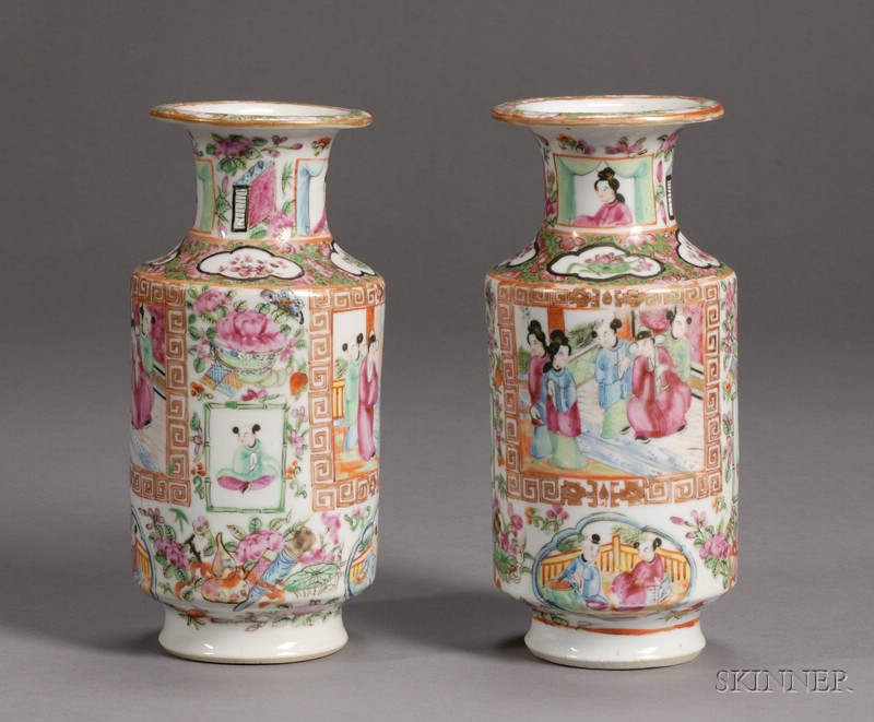 Appraisal: Pair of Rose Mandarin Porcelain Vases China th century minor