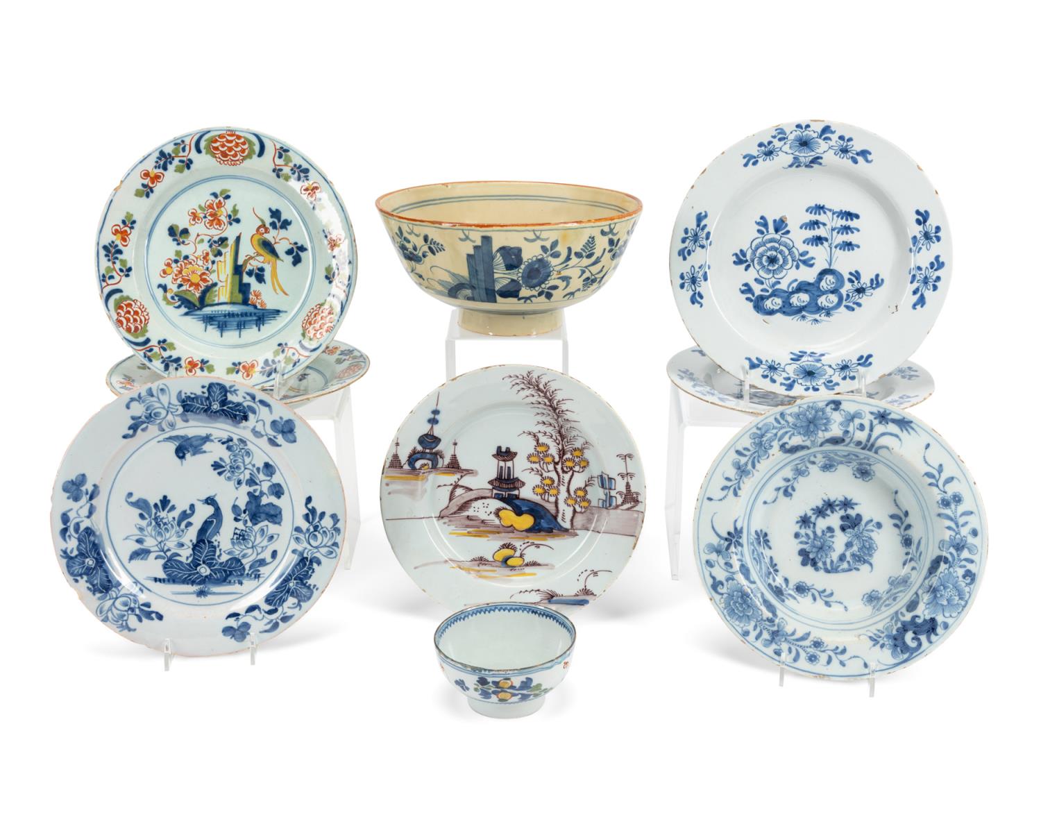 Appraisal: NINE PIECES DELFTWARE TABLEWARE TH TH C Assortment of nine