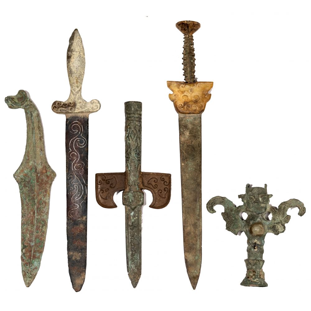 Appraisal: CHINESE BRONZE AND IRON WEAPON ASSORTMENT archaic style items including