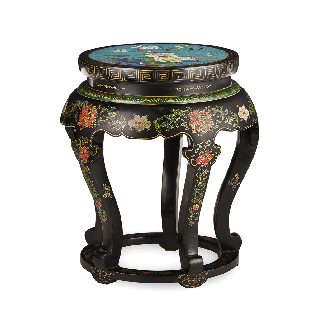 Appraisal: LACQUER STAND the circular top inset with a cloisonn panel