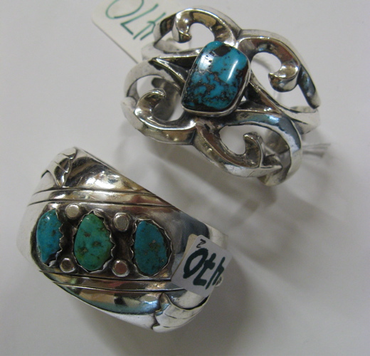 Appraisal: TWO NATIVE AMERICAN TURQUOISE SILVER BRACELETS hand made cuff bracelets