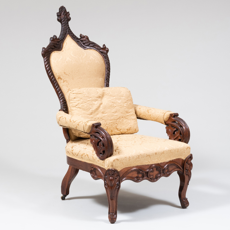 Appraisal: Gothic Revival Carved Oak Upholstered Armchair Attributed to A J