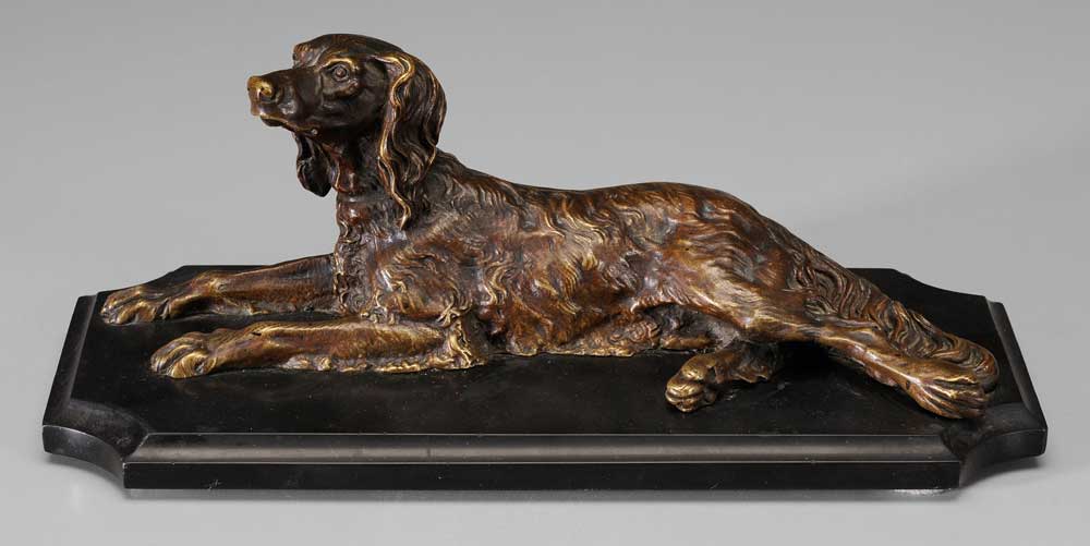 Appraisal: Bronze Dog Sculpture A Recumbent Setter patinated bronze with slate