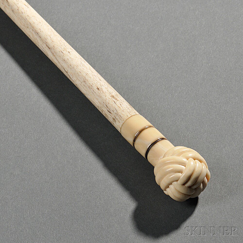 Appraisal: Carved Whalebone Cane America th century with monkey fist knop