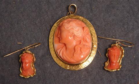 Appraisal: K YG carved coral cameo pin pendant with matching earrings