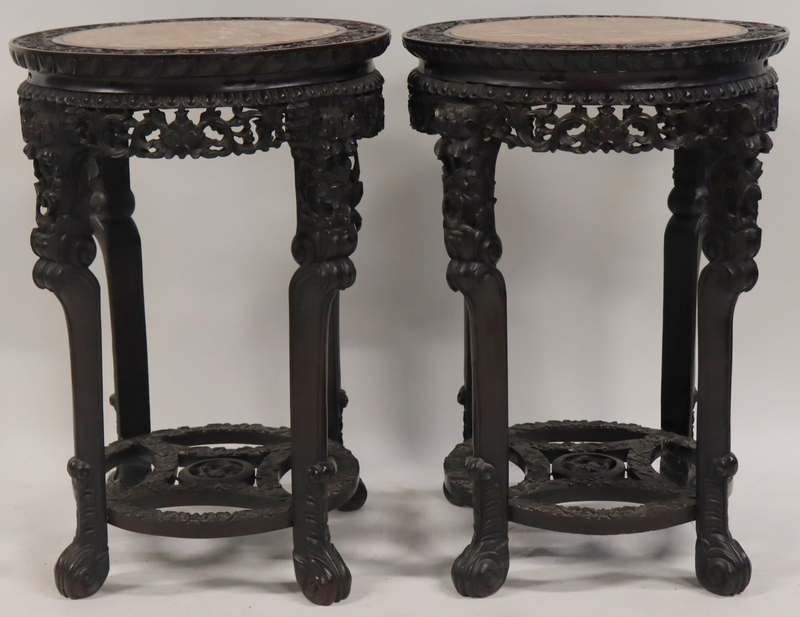 Appraisal: PAIR OF LARGE CHINESE MARBLE TOP STANDS From a Syosset