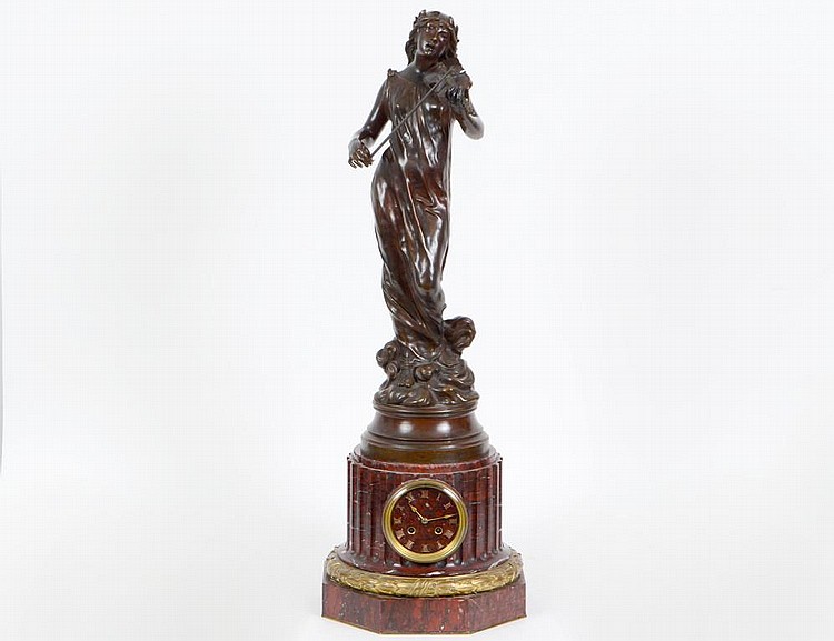 Appraisal: NAPOLEAN III BRONZE AND RED MARBLE FIGURAL CLOCKFrench Circa Signed