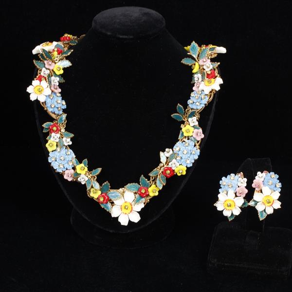 Appraisal: Miriam Haskell pc Enamel Multi Garden Floral Necklace Clip on