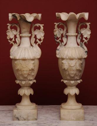 Appraisal: PAIR OF ITALIAN CARVED ALABASTER MANTEL URNS Each with bowl