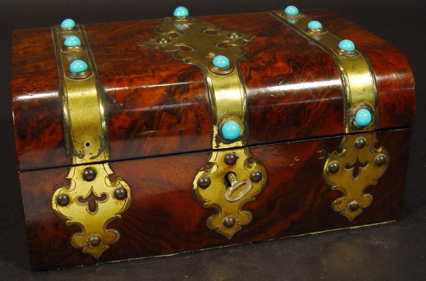 Appraisal: Victorian brass bound walnut jewellery box with blue glass mounts