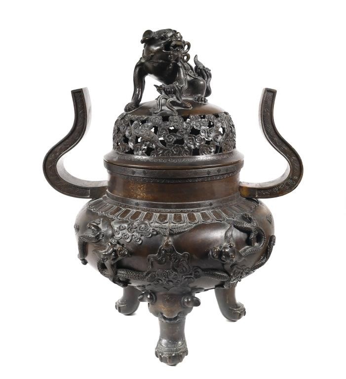 Appraisal: A bronze covered tripod censer Figural foo dog or lion