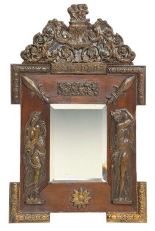 Appraisal: French repousse mirror early th c metal-mounted frame with projecting