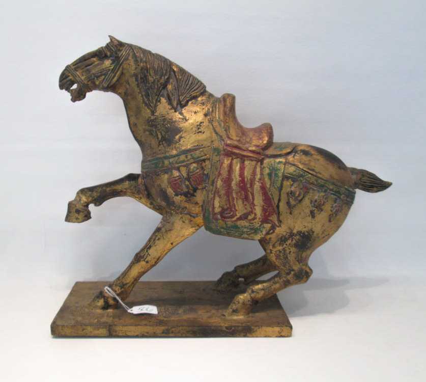 Appraisal: CHINESE GILT CARVED WOOD TANG STYLE HORSE with polychrome accents