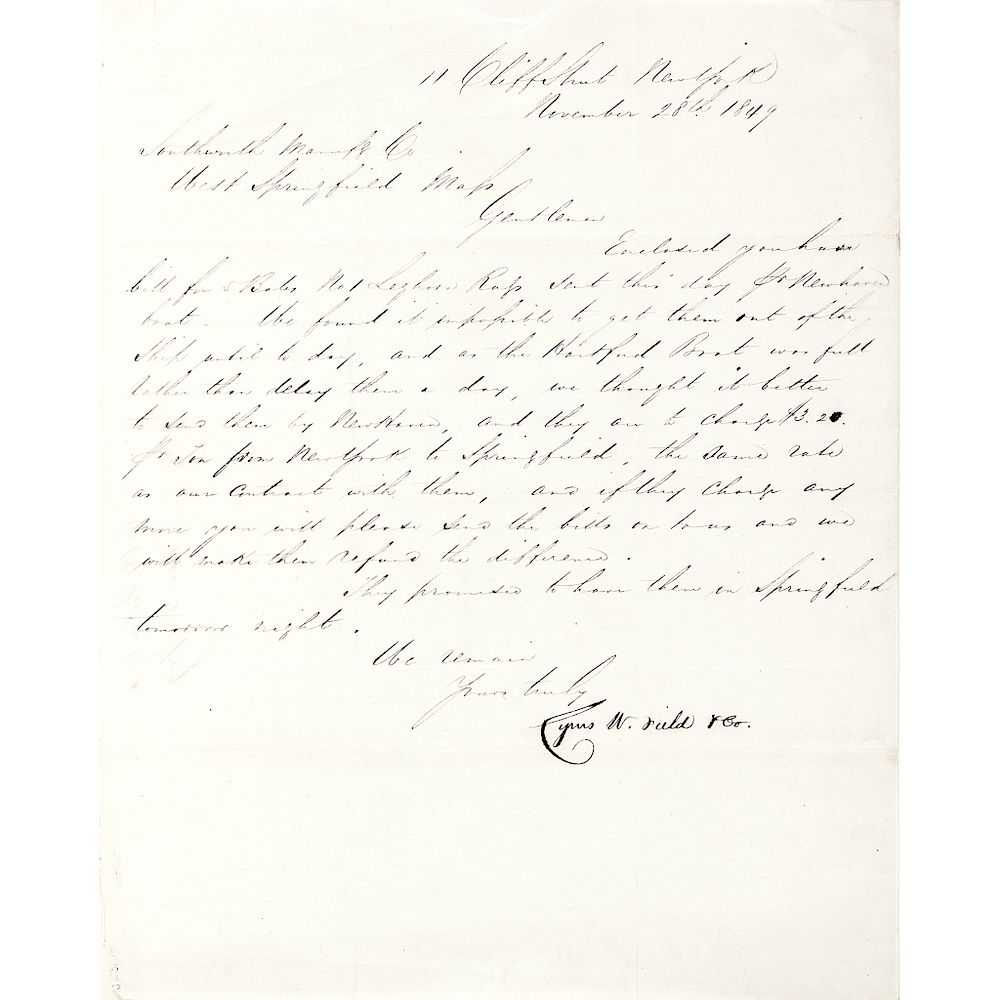 Appraisal: CYRUS W FIELD Signature On Letter Dated First Atlantic Telegraph