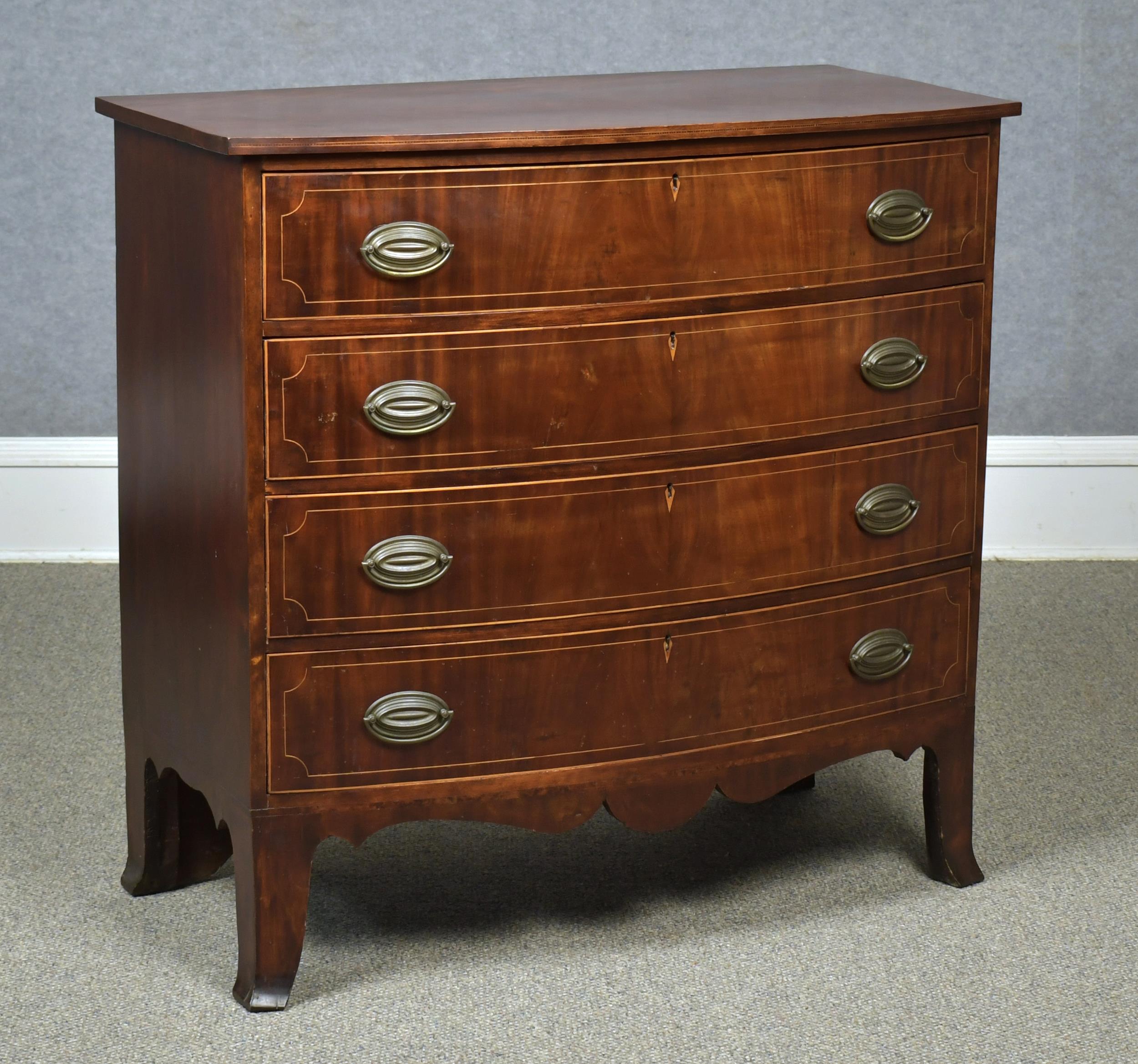 Appraisal: FEDERAL PORTSMOUTH INLAID BOW FRONT CHEST CA Bow front birch