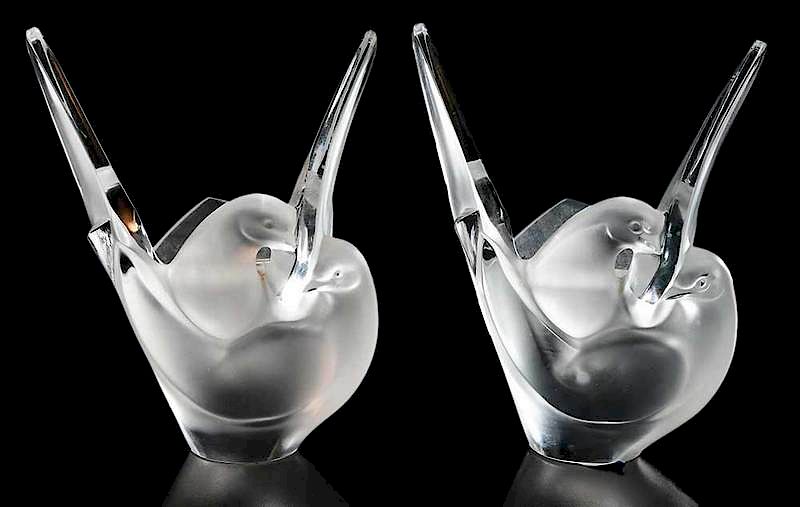 Appraisal: Two Lalique Sylvie Frosted Glass Bird Vases with frog inserts