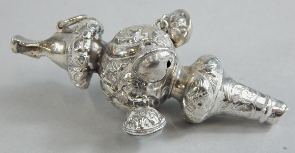 Appraisal: A silver Victorian rattle applied with four bells AF