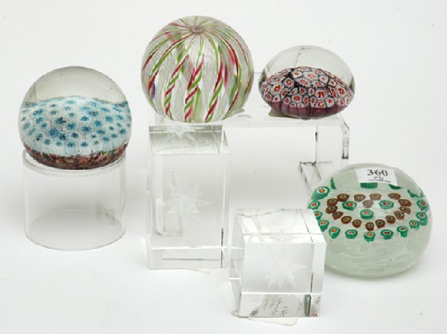 Appraisal: A COLLECTION OF GLASS OBJECTS Comprising four millefiore and candy