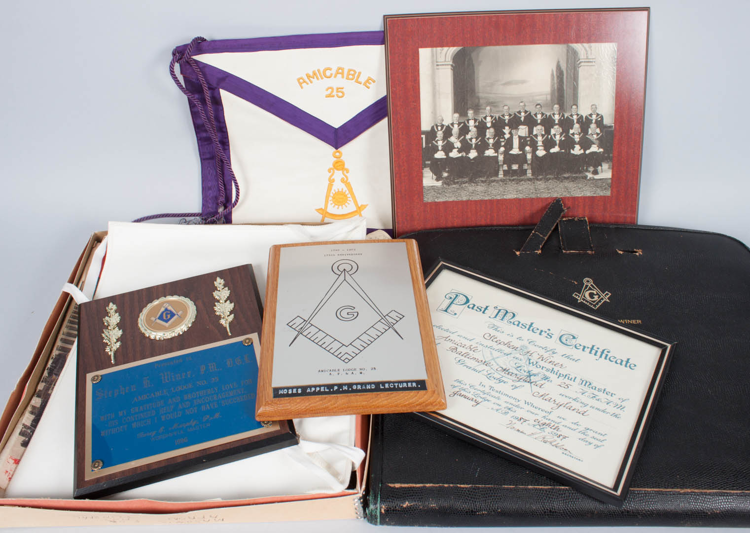 Appraisal: Assorted Masonic items including briefcase award plaques two pouches and