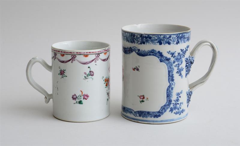 Appraisal: TWO CHINESE EXPORT FAMILLE ROSE PORCELAIN MUGS The larger with