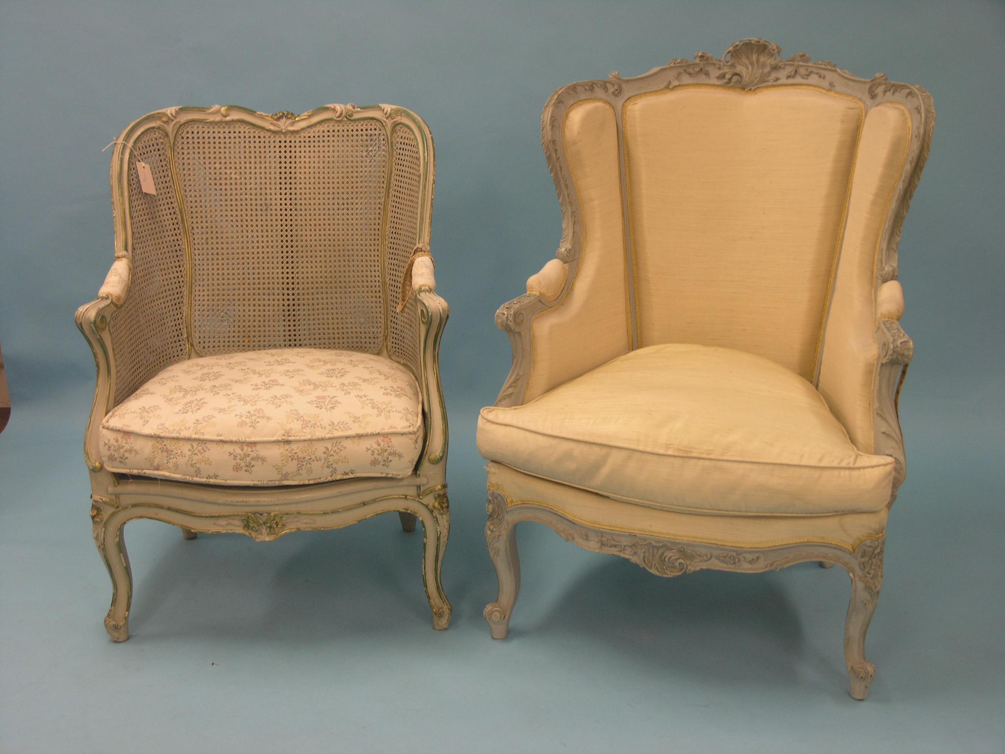 Appraisal: Two Louis XV-style painted bedroom armchairs one caned the other