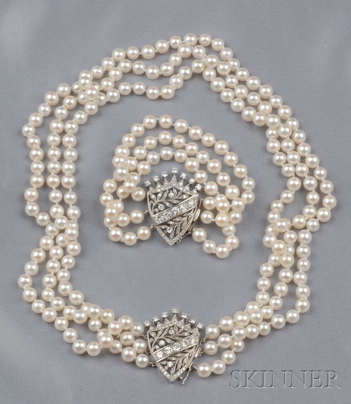 Appraisal: Cultured Pearl and Diamond Convertible Suite the triple strand pearl