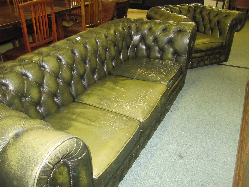 Appraisal: Green leather button back Chesterfield settee with matching armchair