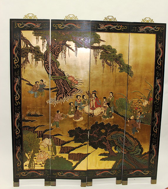 Appraisal: AN ORIENTAL LACQUERED SCREEN of four sections decorated with figures