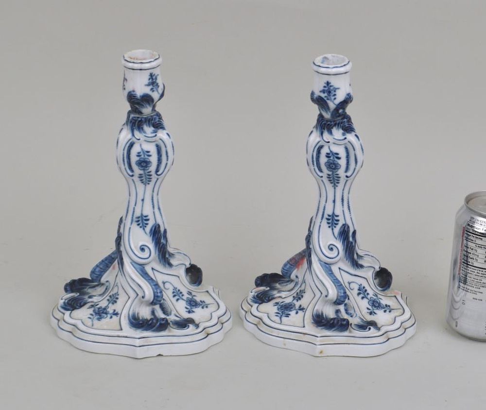 Appraisal: Pr Meissen Blue White Onion Pattern Candlesticks on shaped bases