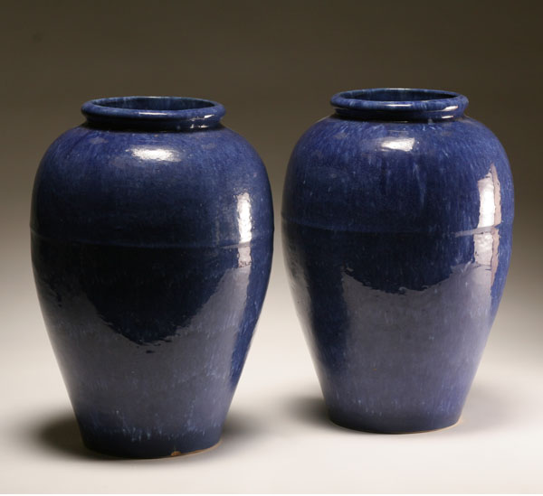 Appraisal: Pair large speckled blue salt glaze art pottery vases classical