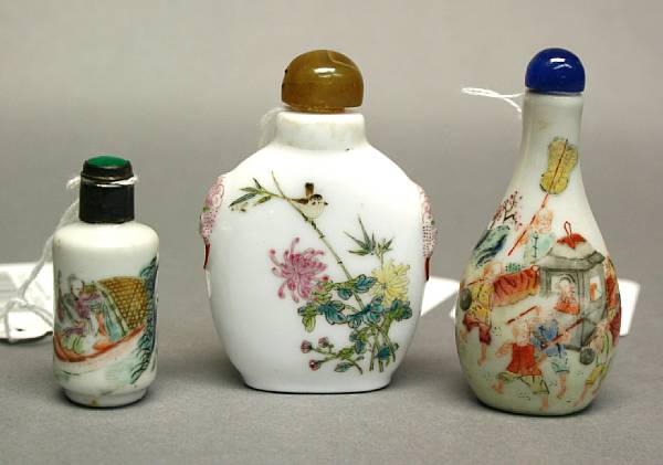 Appraisal: Three famille rose decorated porcelain snuff bottles Republic Period The