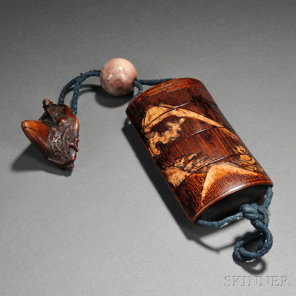 Appraisal: Lacquered Wood Inro with a Wood Netsuke Japan th th