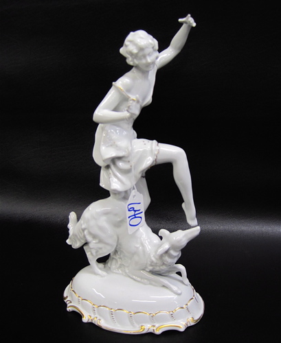 Appraisal: GERMAN SCHAUBACH KUNST PORCELAIN FIGURE young woman playing with dog