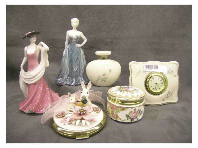 Appraisal: Group of porcelain vanity miniatures including Lenox clock and perfume