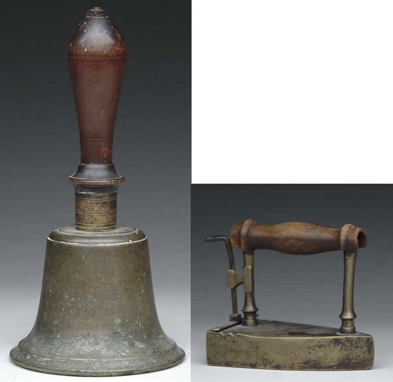 Appraisal: WONDERFUL OLD SCHOOL BELL AND IRON - h brass school