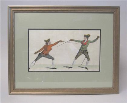 Appraisal: Three framed hand-colored engravings of fencing scenes d'angelo paris x