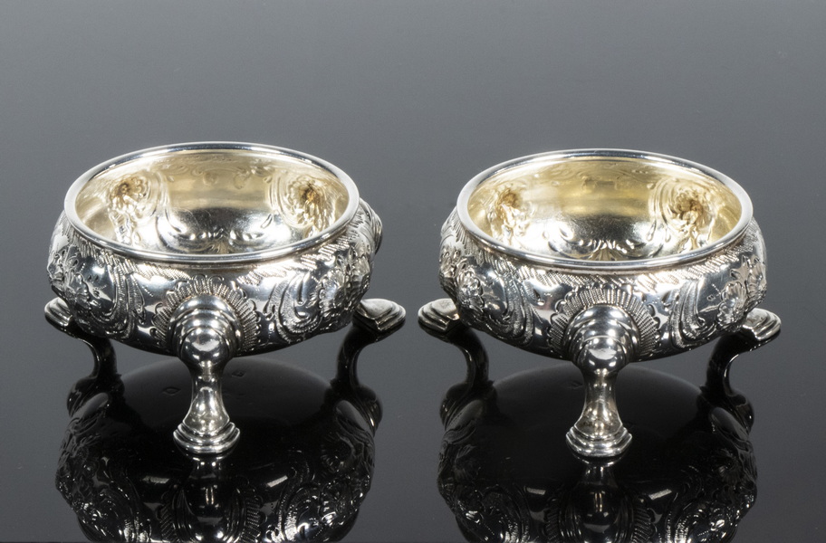 Appraisal: PR GEORGE II PERIOD SILVER SALT CELLARS Pair of English