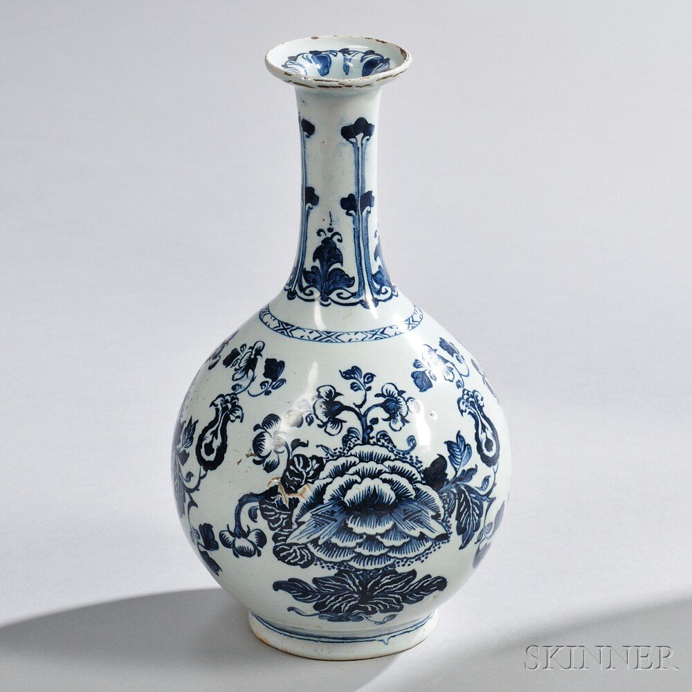 Appraisal: London Delft Blue and White Water Bottle England c elongated