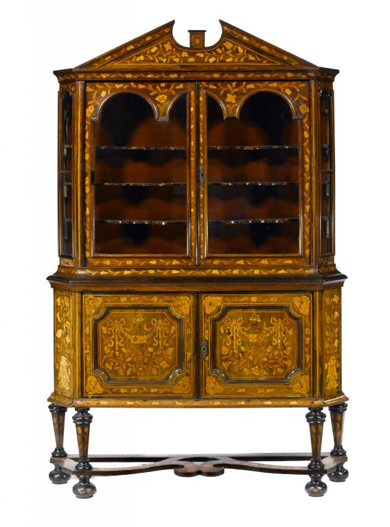 Appraisal: A DUTCH WALNUT AND FLORAL MARQUETRY CABINET with open triangular