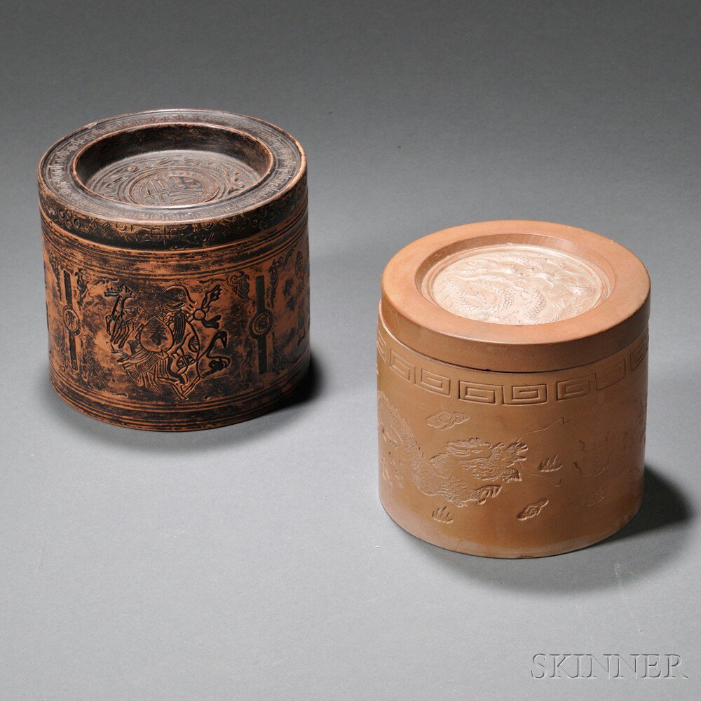 Appraisal: Two Cylindrical Yixing Covered Tea Caddies China th century one