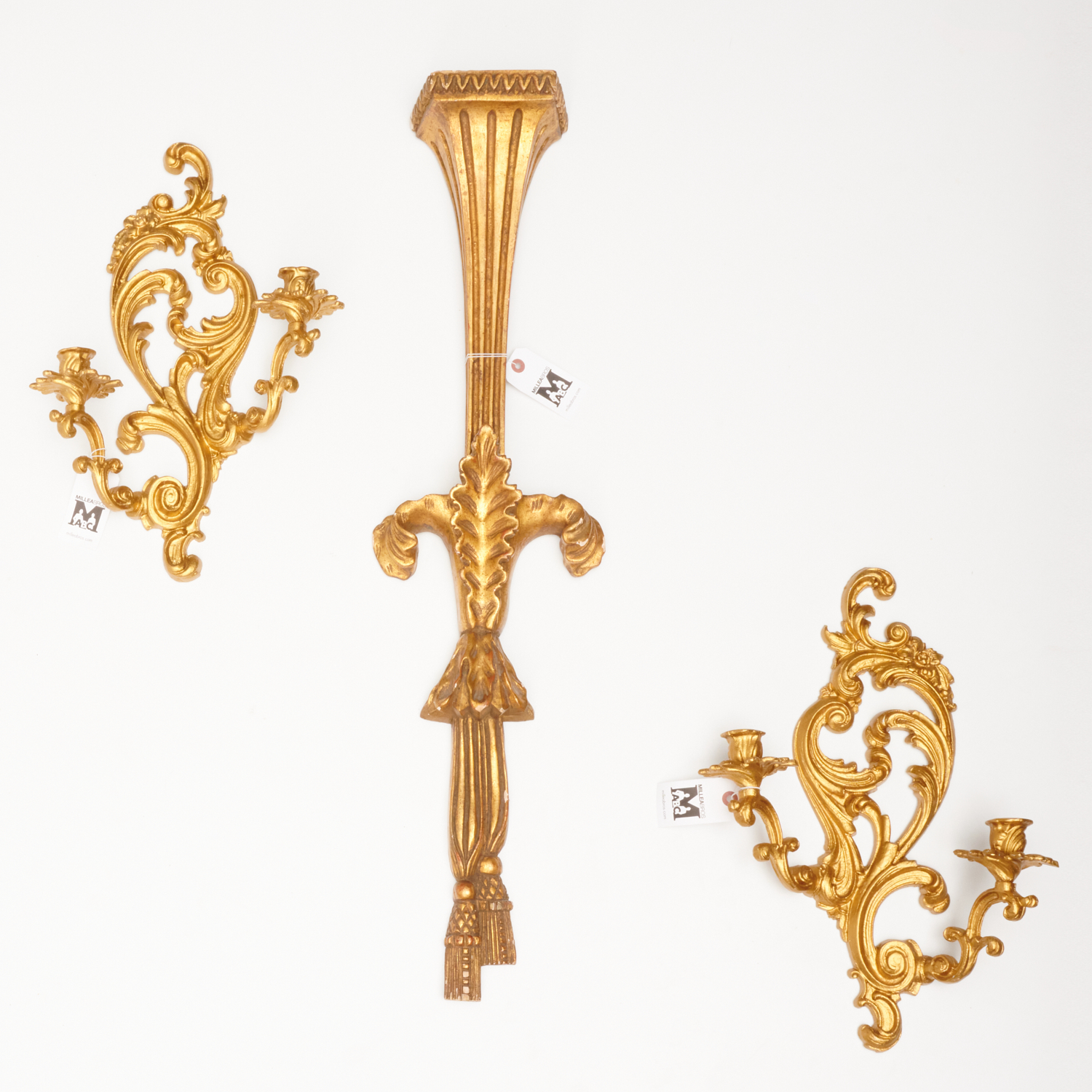 Appraisal: PAIR ROCOCO STYLE SCONCES AND GILTWOOD BRACKET th c incl