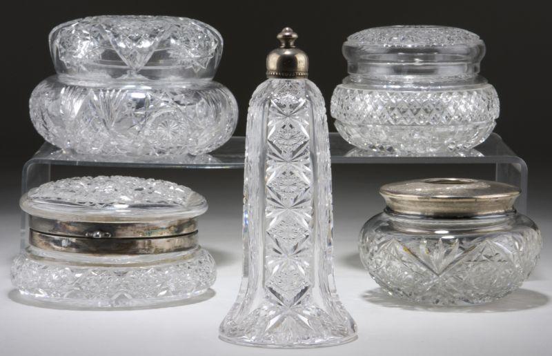 Appraisal: Group of Five Cut Glass Vanity Items a powder jar