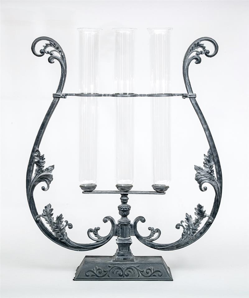 Appraisal: Cast-Aluminum Lyre-Form Flower Holder Fitted with three glass vases x